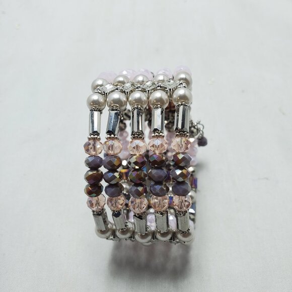 Ali Khan 5 row glass pearl Pink beaded wired wrap opened bracelet - Picture 2 of 7
